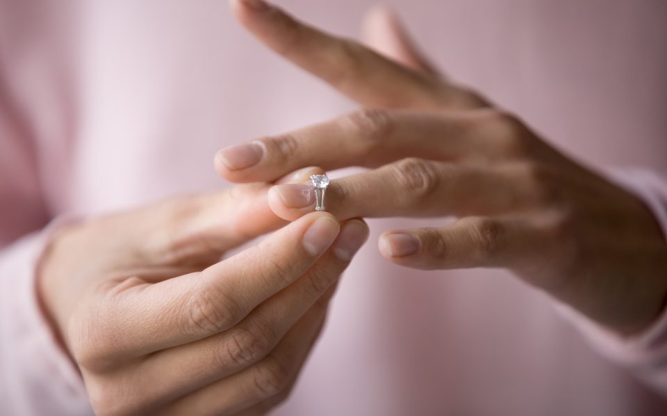 Close up of woman removing ring