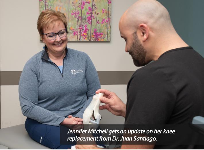 Dr. Santiago updates Jennifer on her knee replacement surgery that is needed because of her osteoarthritis